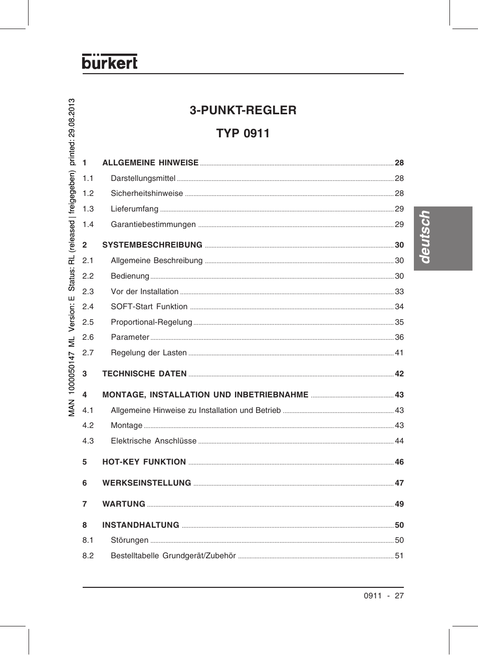 Deutsc h, Punkt-regler typ 0911 | Burkert Type TAT002 User Manual | Page 29 / 84