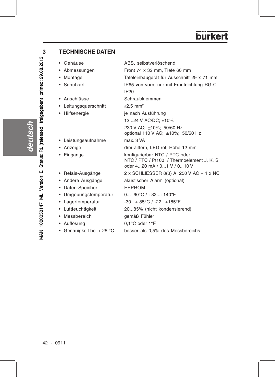 Deutsc h, 3technische daten | Burkert Type TAT002 User Manual | Page 44 / 84