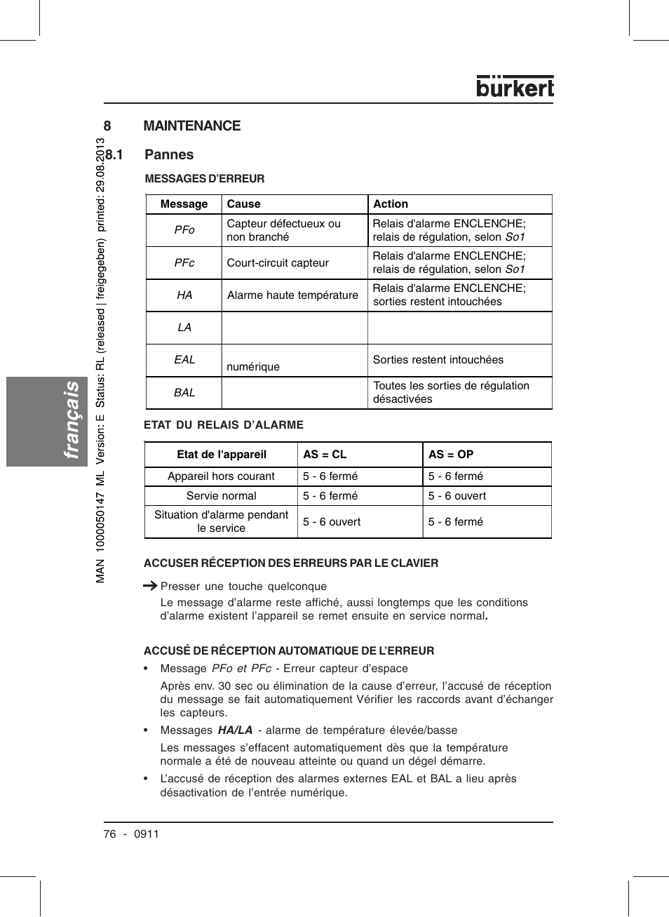 Français, 8maintenance 8.1 pannes | Burkert Type TAT002 User Manual | Page 78 / 84