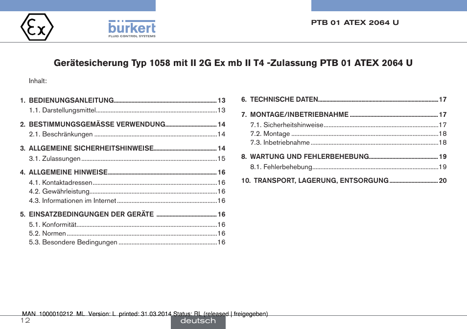 Deutsch | Burkert Type 1058 User Manual | Page 12 / 31