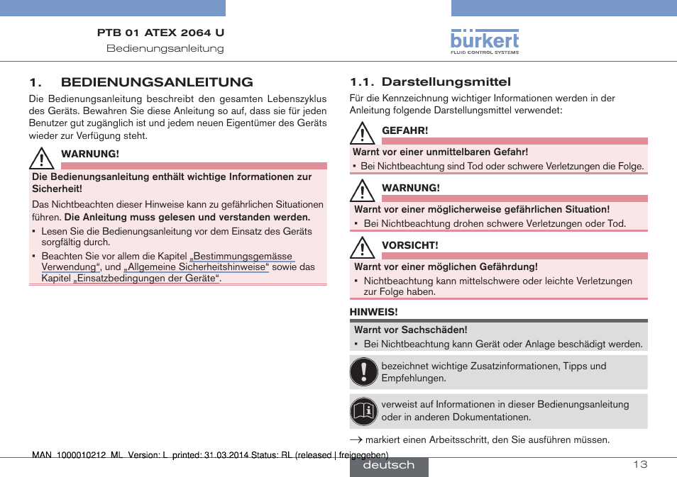 Bedienungsanleitung, Darstellungsmittel | Burkert Type 1058 User Manual | Page 13 / 31