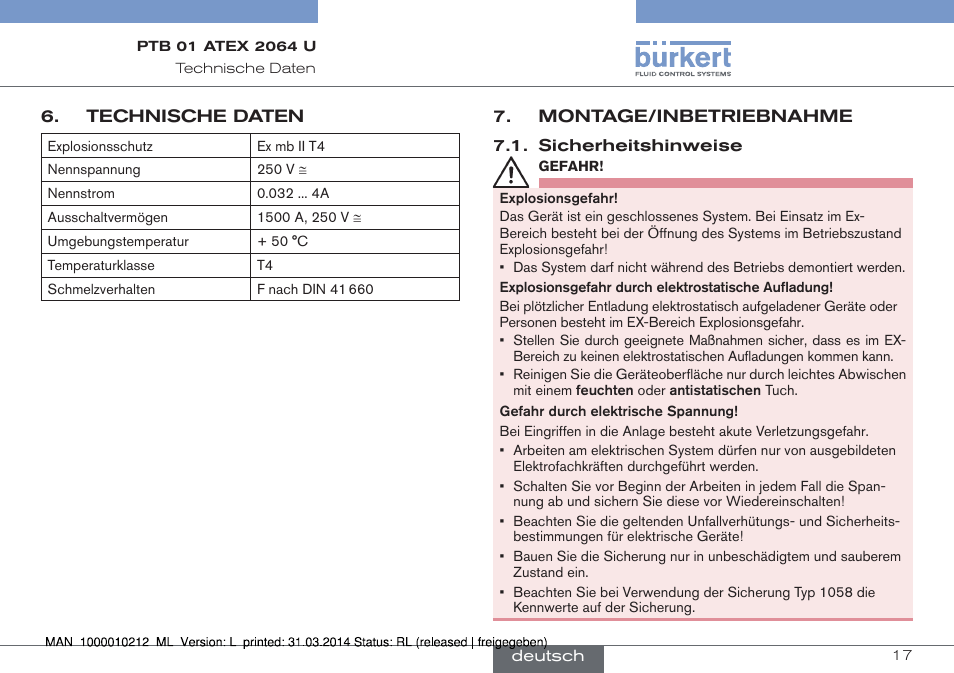 Technische daten, Montage/inbetriebnahme, Sicherheitshinweise | Burkert Type 1058 User Manual | Page 17 / 31