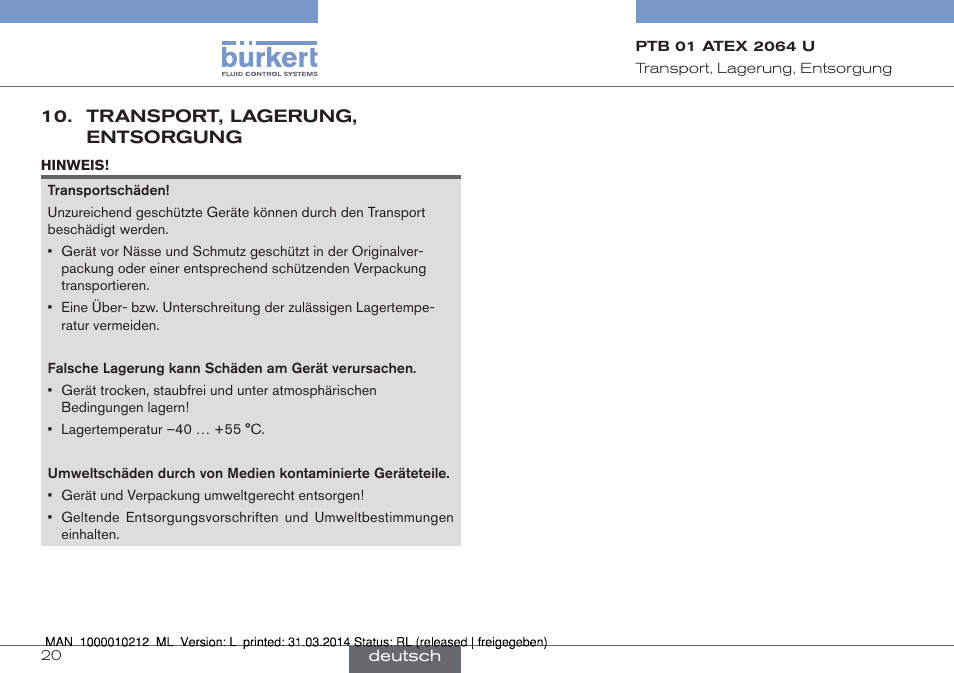 Transport, lagerung, entsorgung | Burkert Type 1058 User Manual | Page 20 / 31