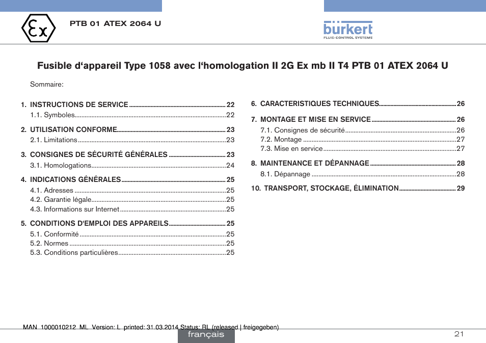 Français | Burkert Type 1058 User Manual | Page 21 / 31