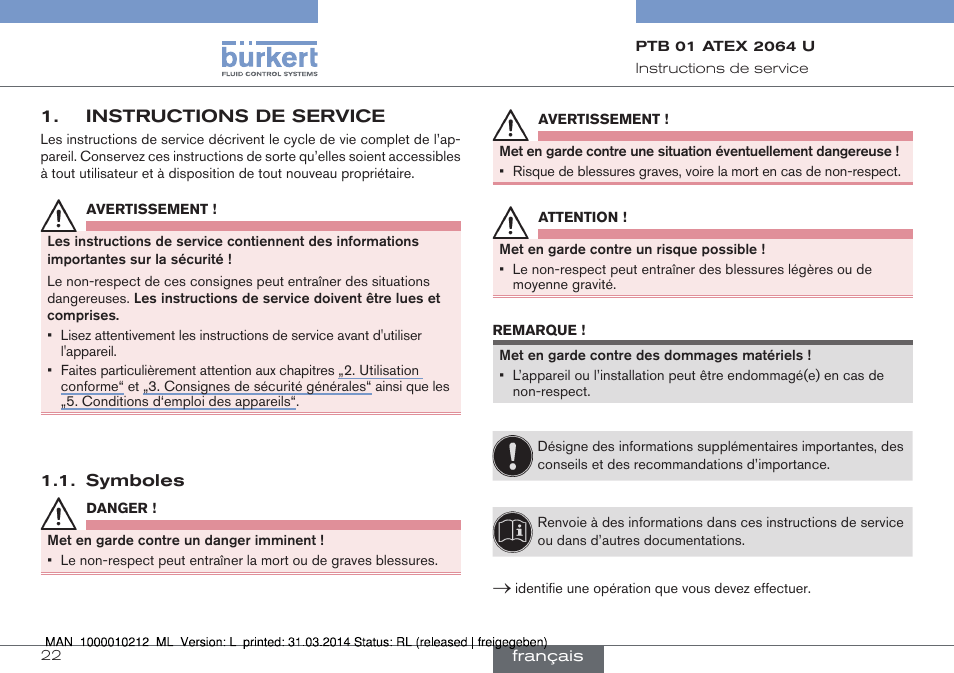 Instructions de service, Symboles | Burkert Type 1058 User Manual | Page 22 / 31