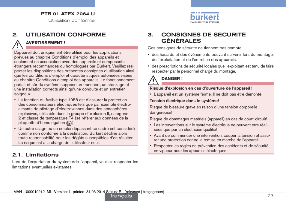 Utilisation conforme, Limitations, Consignes de sécurité générales | Burkert Type 1058 User Manual | Page 23 / 31