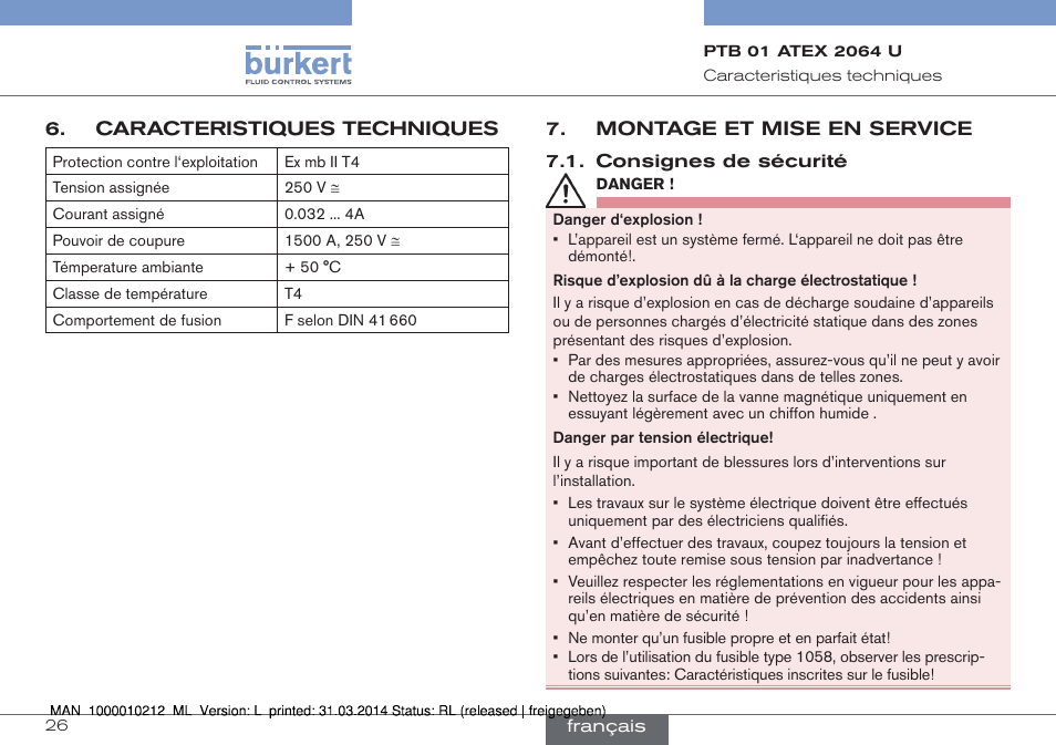 Caracteristiques techniques, Montage et mise en service, Consignes de sécurité | Burkert Type 1058 User Manual | Page 26 / 31