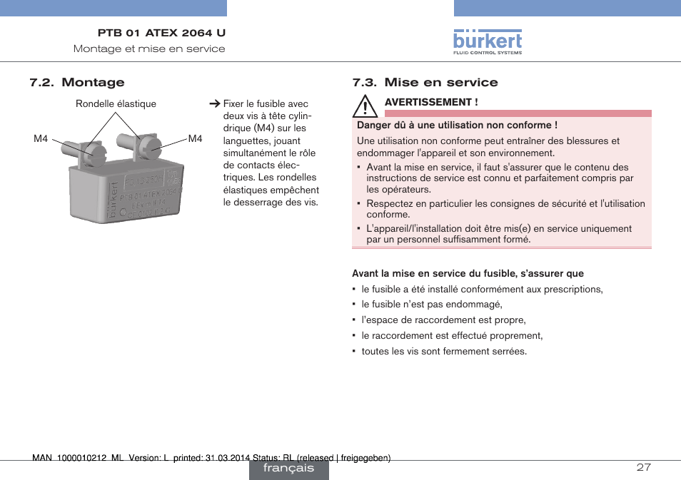 Montage 7.3. mise en service | Burkert Type 1058 User Manual | Page 27 / 31
