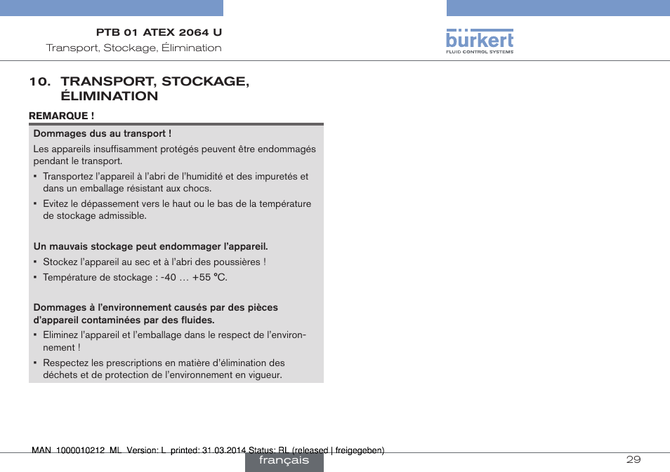 Transport, stockage, élimination | Burkert Type 1058 User Manual | Page 29 / 31