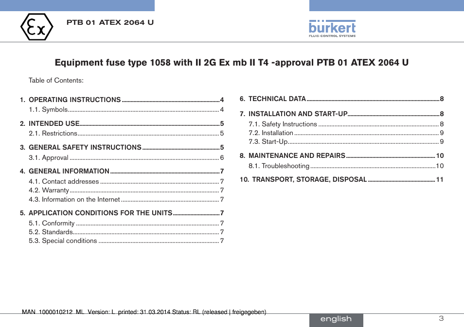 English | Burkert Type 1058 User Manual | Page 3 / 31