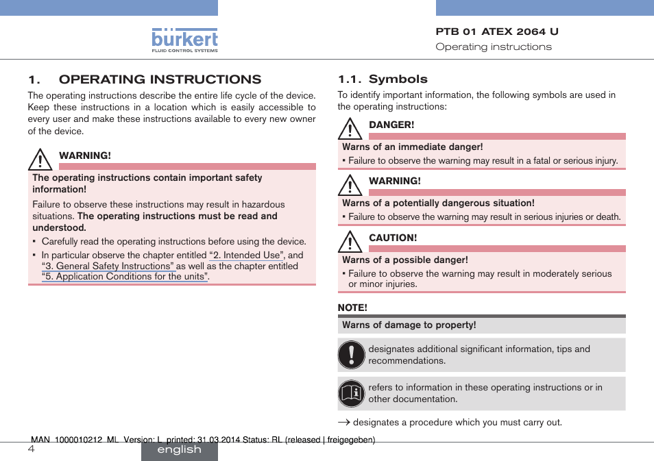 Operating instructions, Symbols | Burkert Type 1058 User Manual | Page 4 / 31