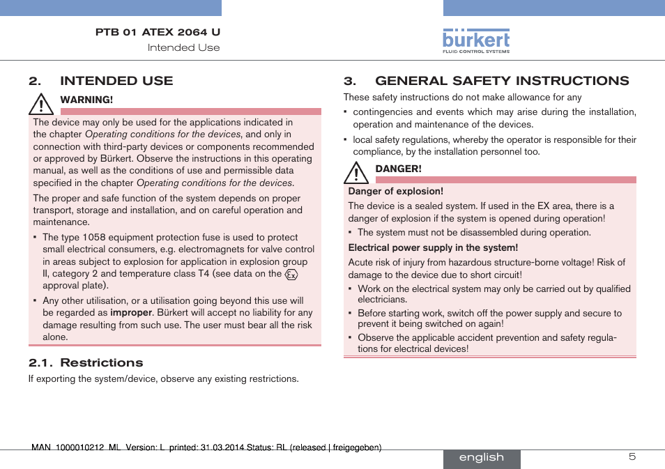 Intended use, Restrictions, General safety instructions | Burkert Type 1058 User Manual | Page 5 / 31