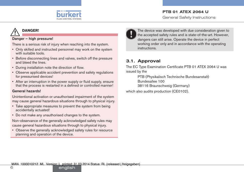 Approval | Burkert Type 1058 User Manual | Page 6 / 31