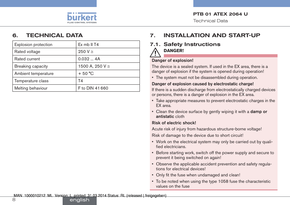 Technical data, Installation and start-up, Safety instructions | Burkert Type 1058 User Manual | Page 8 / 31