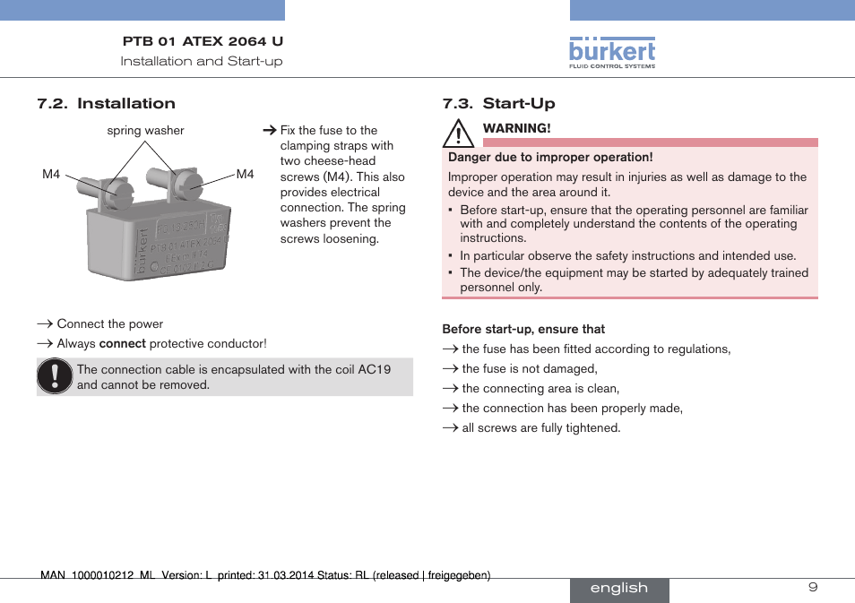 Installation 7.3. start-up | Burkert Type 1058 User Manual | Page 9 / 31