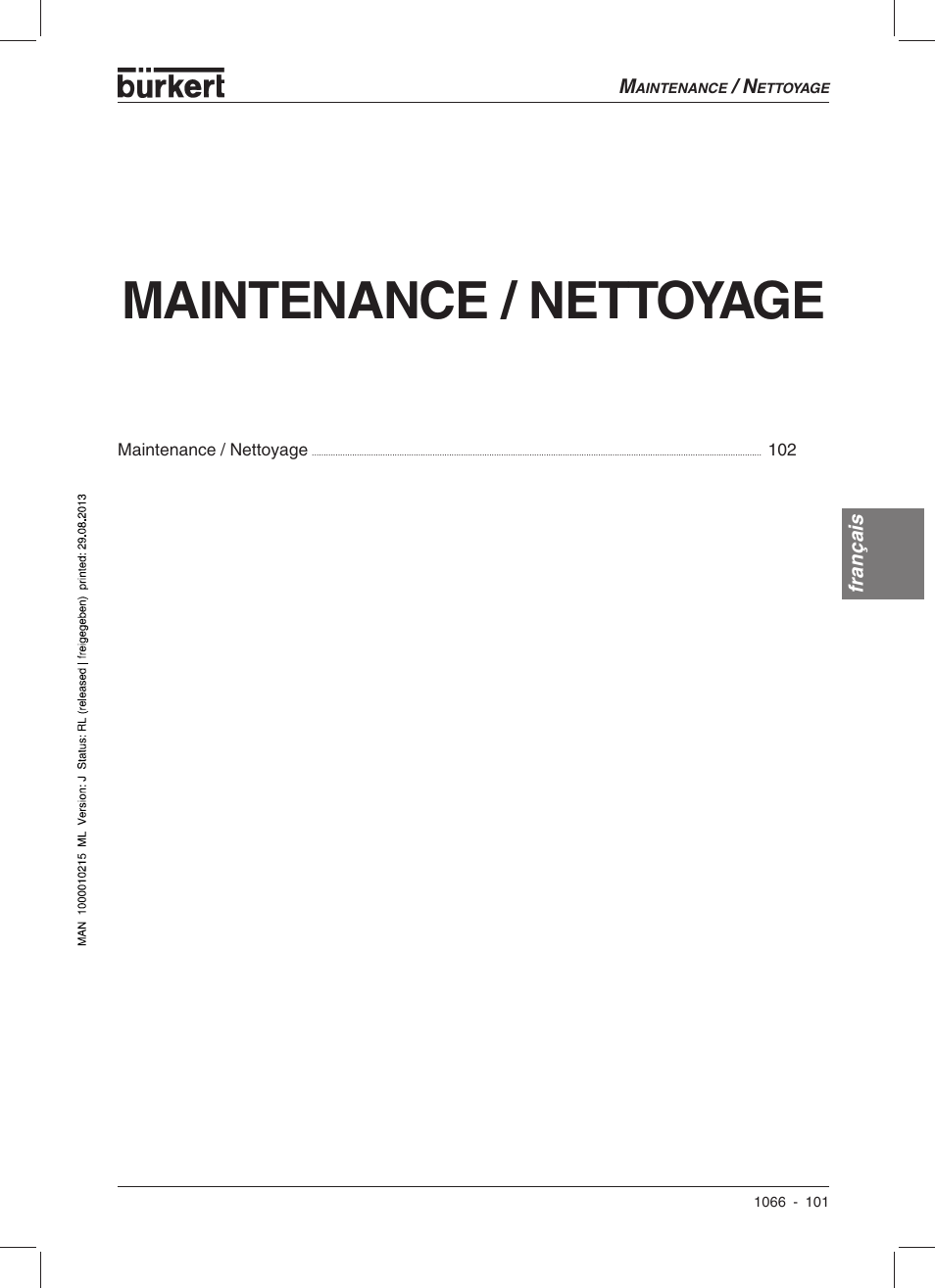 Maintenance / nettoyage | Burkert Type 1066 User Manual | Page 103 / 112