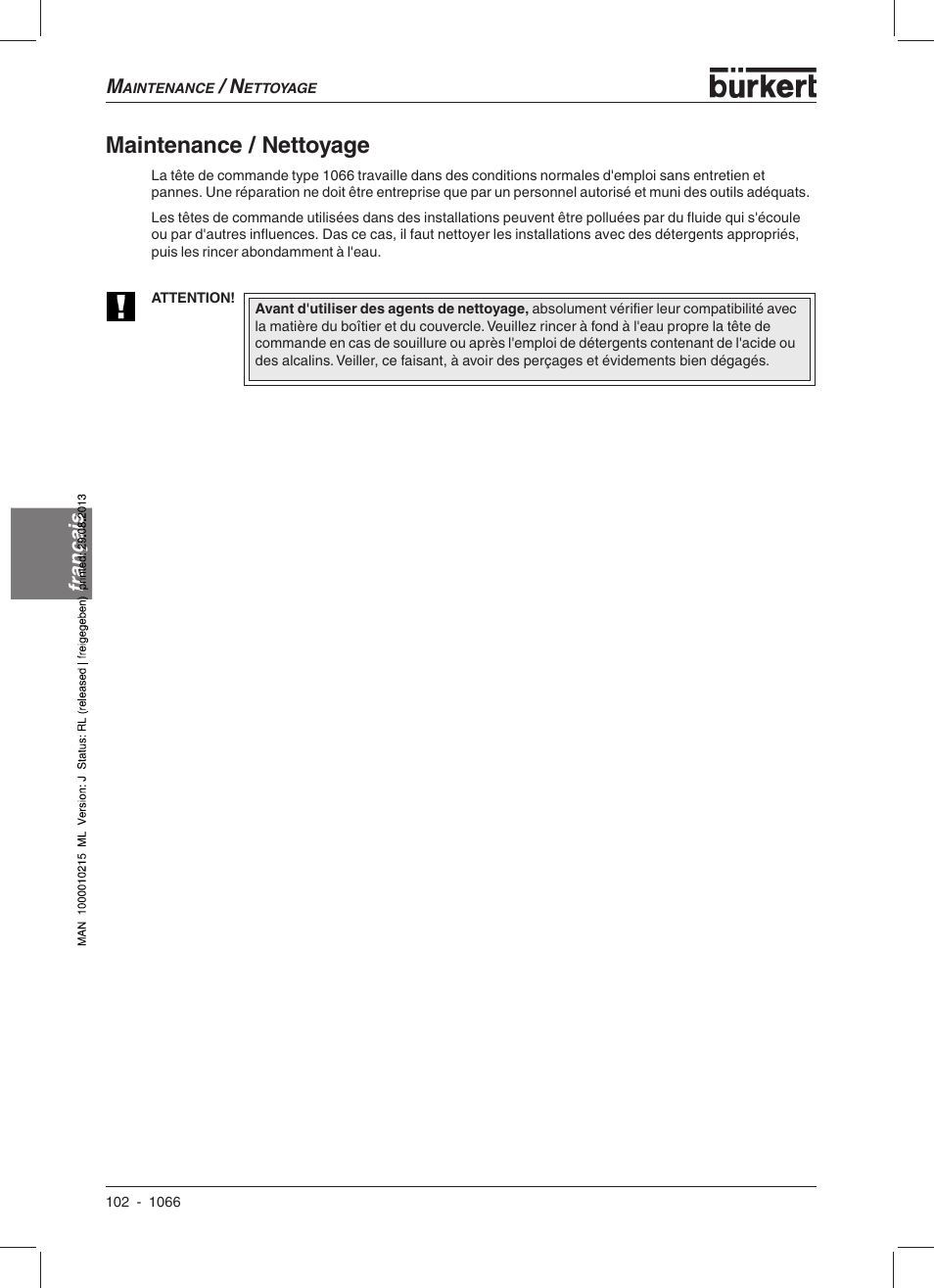 Maintenance / nettoyage, Français | Burkert Type 1066 User Manual | Page 104 / 112