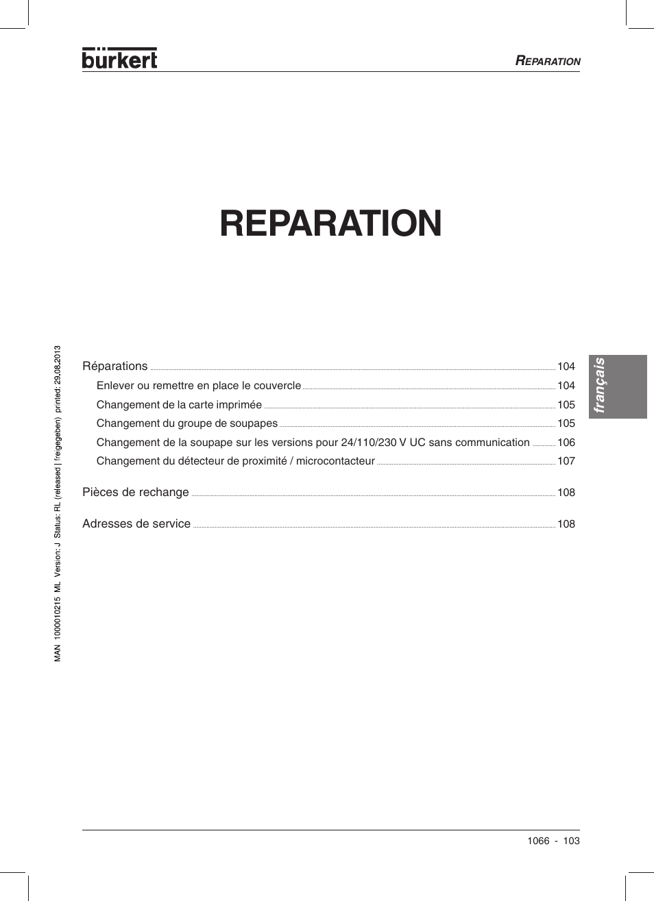 Reparation, Français | Burkert Type 1066 User Manual | Page 105 / 112