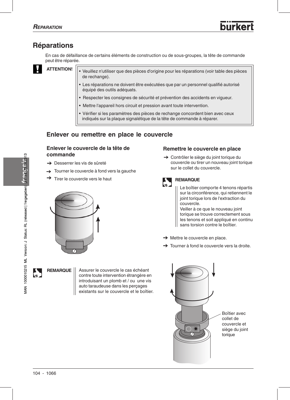 Réparations, Français, Enlever ou remettre en place le couvercle | Burkert Type 1066 User Manual | Page 106 / 112