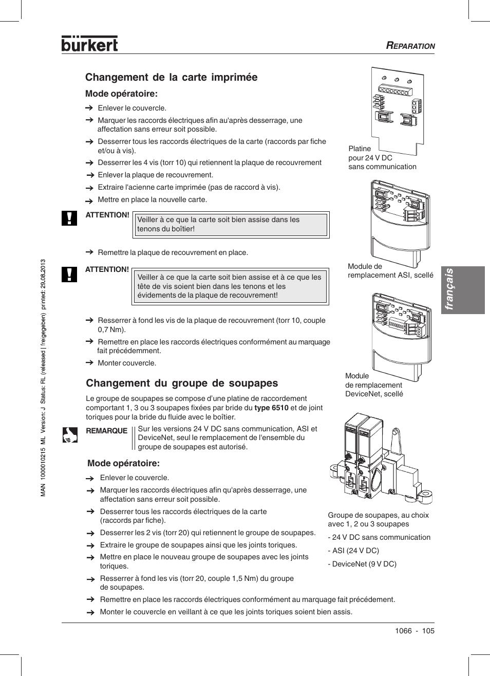 Français changement de la carte imprimée, Changement du groupe de soupapes | Burkert Type 1066 User Manual | Page 107 / 112