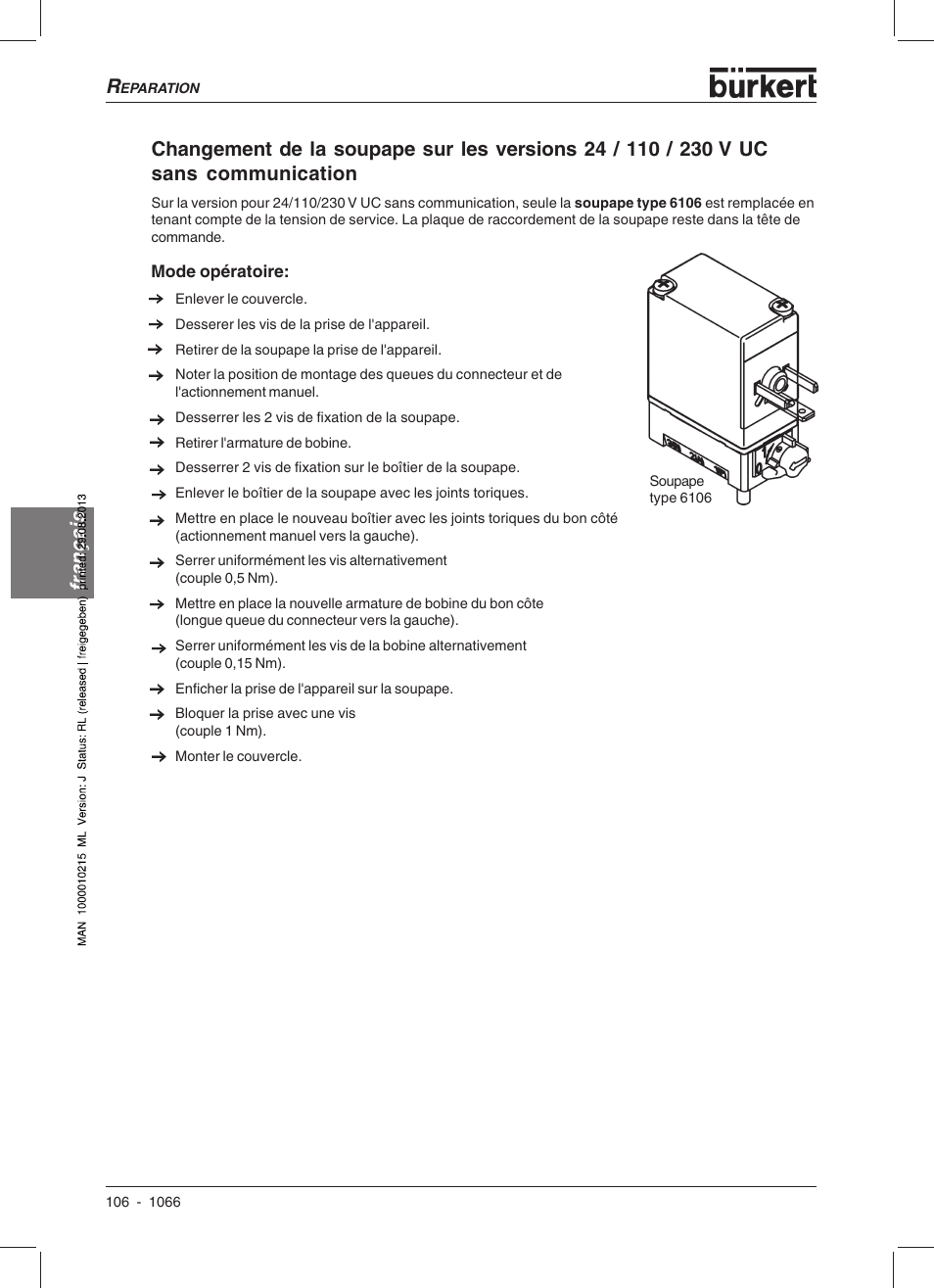 Français | Burkert Type 1066 User Manual | Page 108 / 112