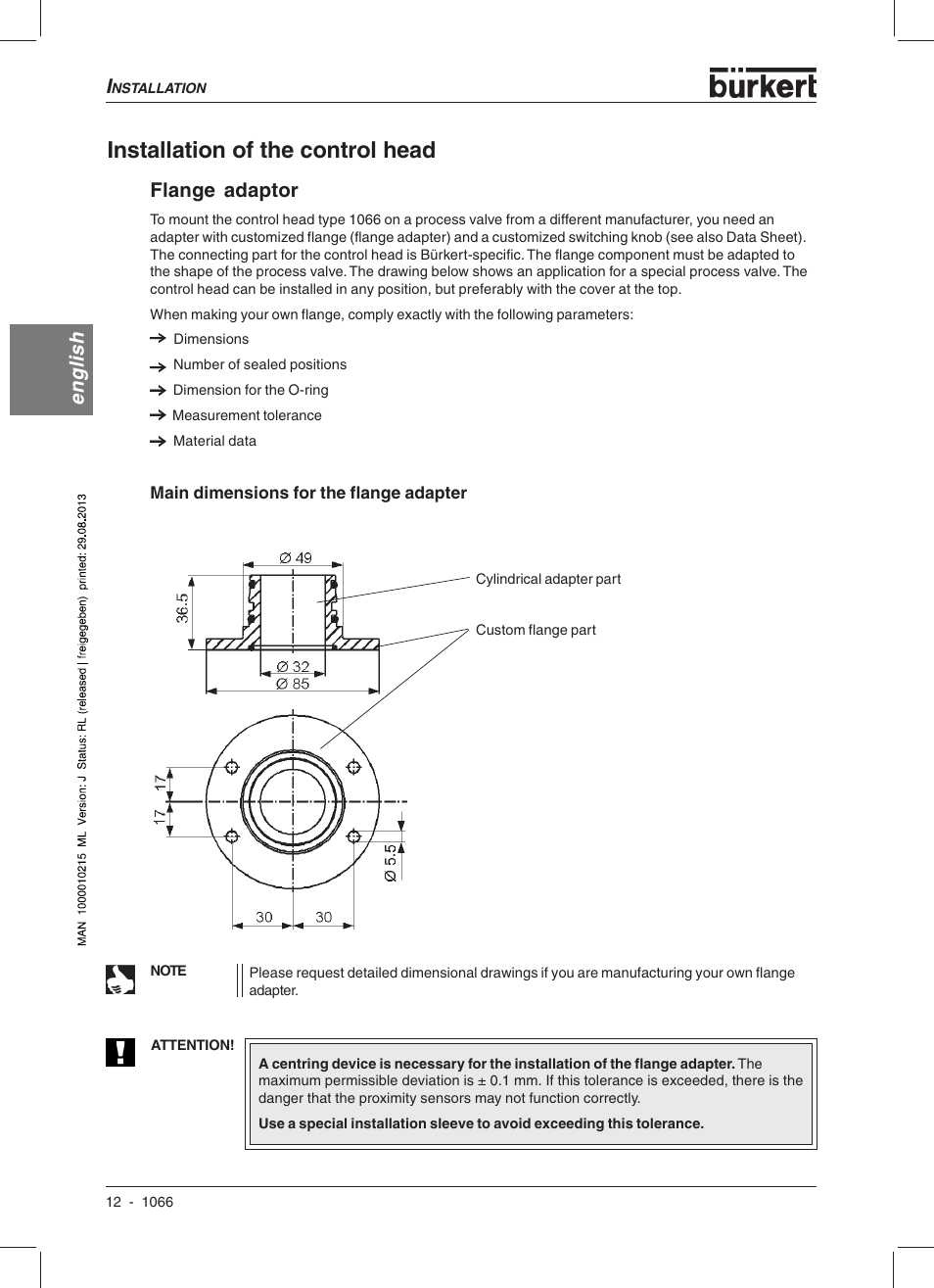 Installation of the control head, English, Flange adaptor | Burkert Type 1066 User Manual | Page 14 / 112