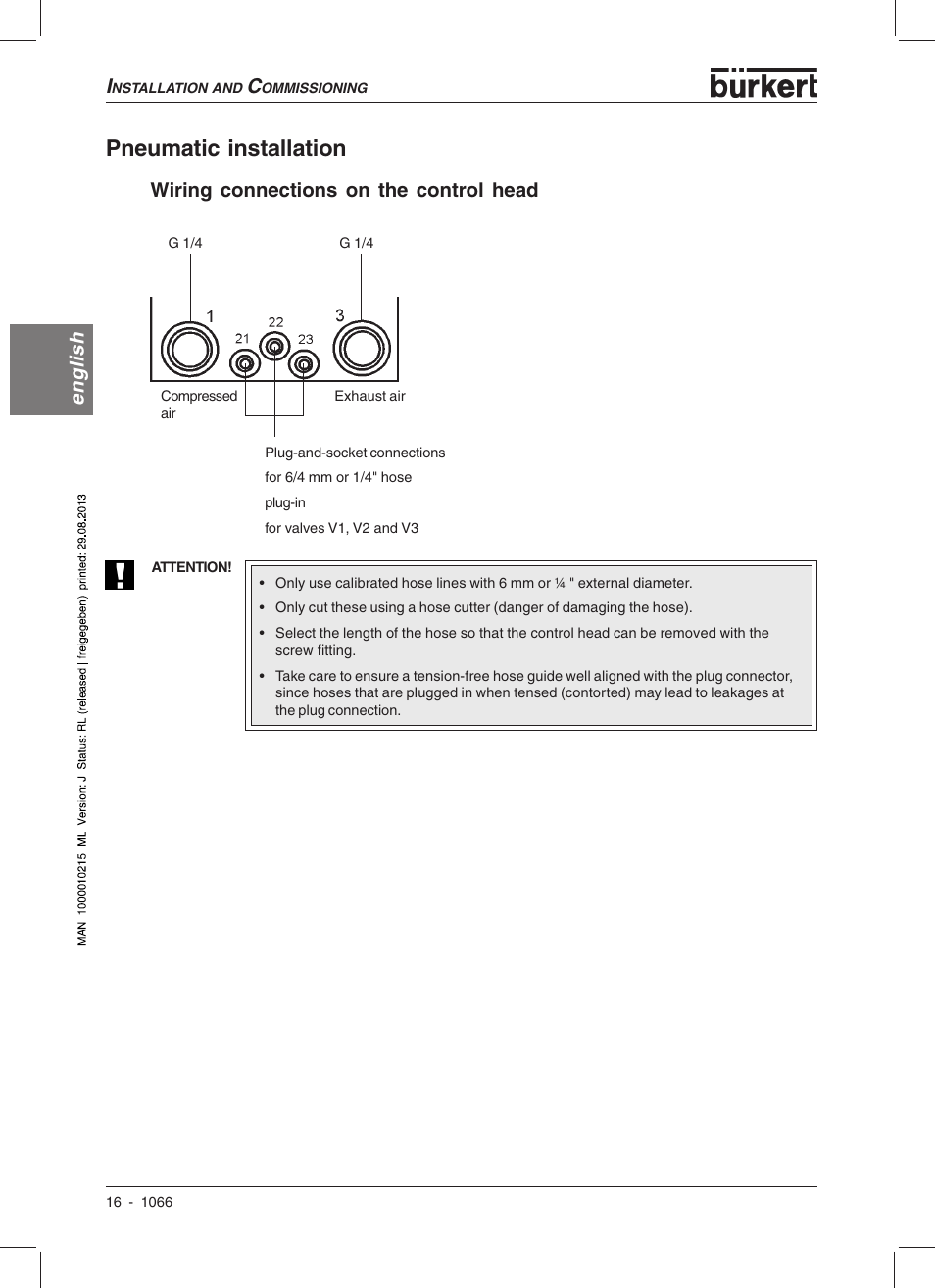 Pneumatic installation, English, Wiring connections on the control head | Burkert Type 1066 User Manual | Page 18 / 112