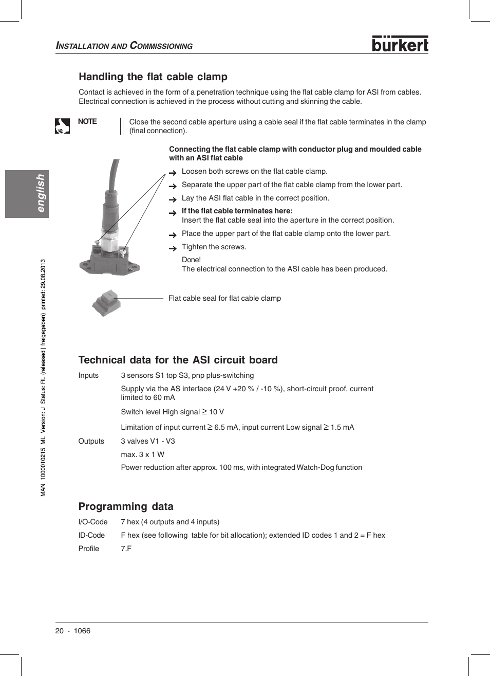 English handling the flat cable clamp, Technical data for the asi circuit board, Programming data | Burkert Type 1066 User Manual | Page 22 / 112