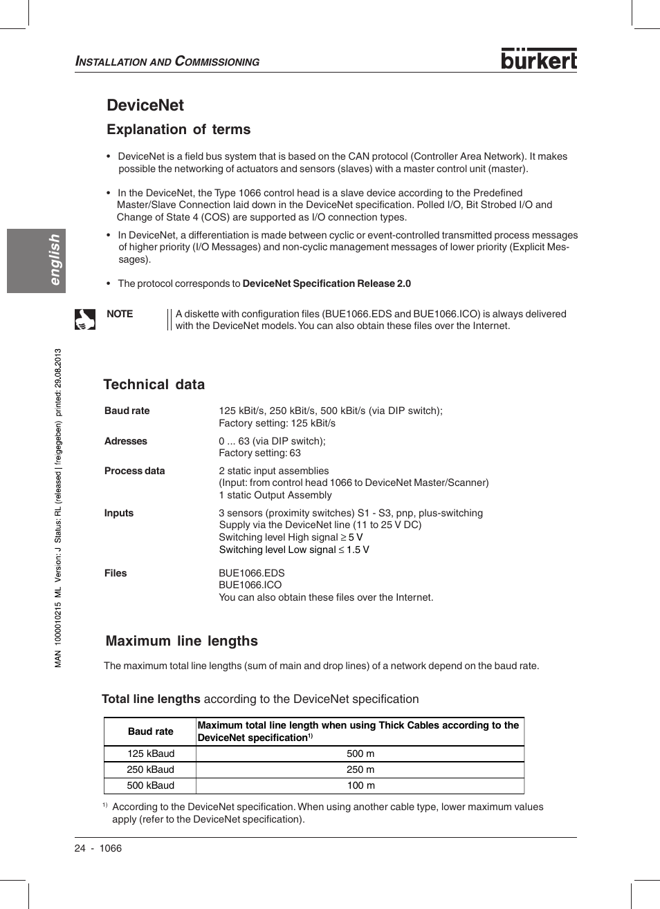 Devicenet, English, Maximum line lengths | Explanation of terms, Technical data | Burkert Type 1066 User Manual | Page 26 / 112