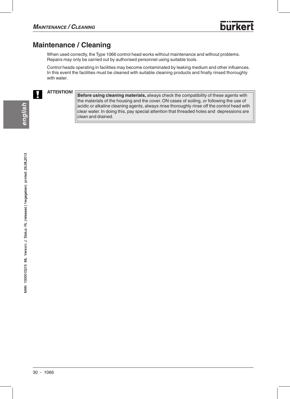 Maintenance / cleaning, English | Burkert Type 1066 User Manual | Page 32 / 112