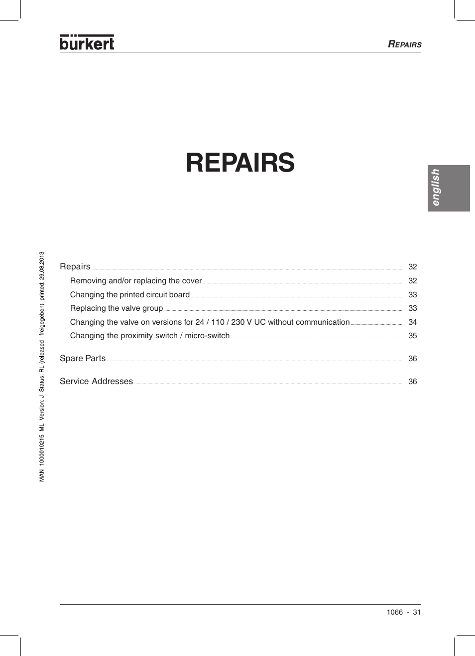 Repairs, English | Burkert Type 1066 User Manual | Page 33 / 112