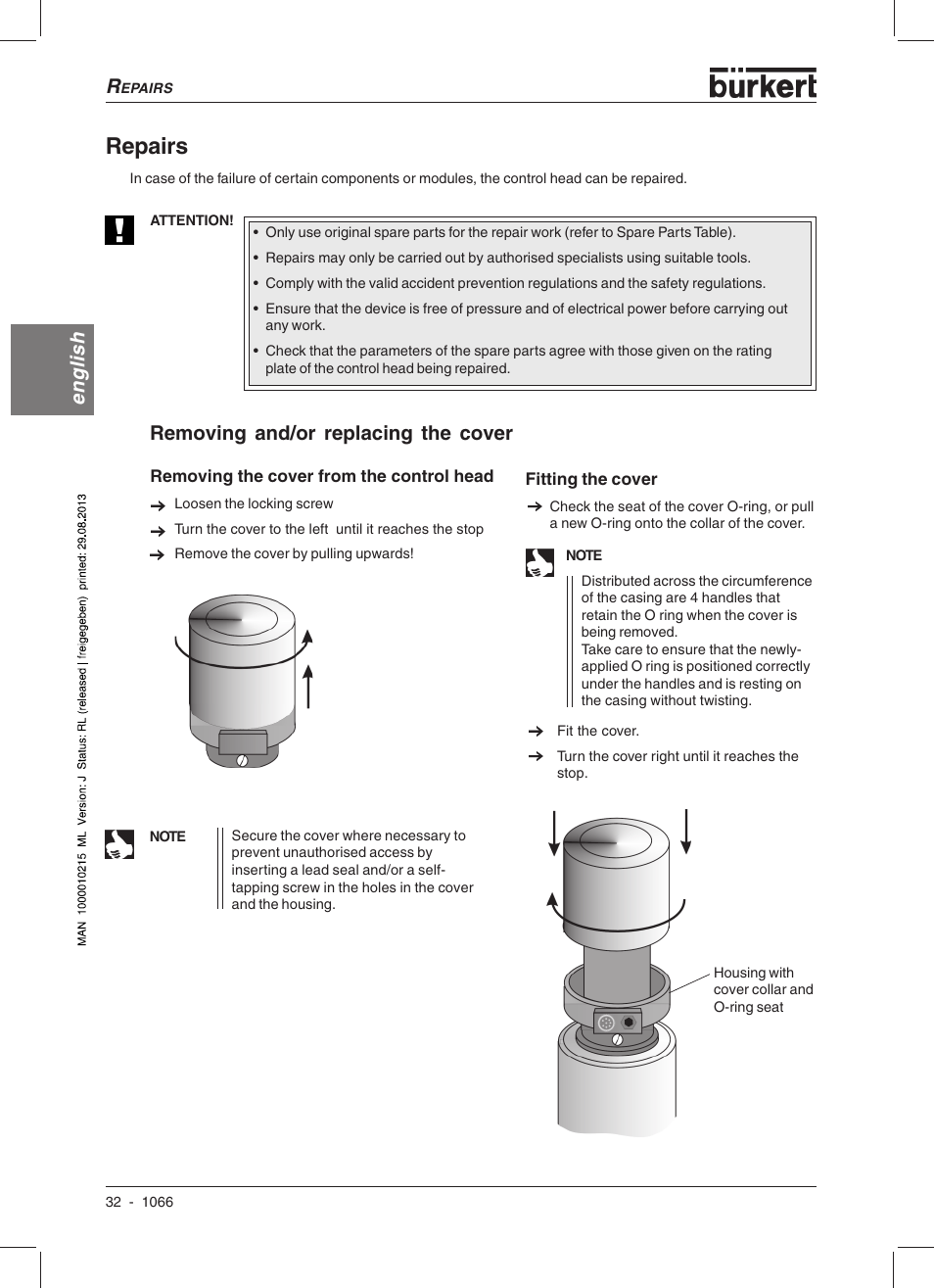 Repairs, English, Removing and/or replacing the cover | Burkert Type 1066 User Manual | Page 34 / 112