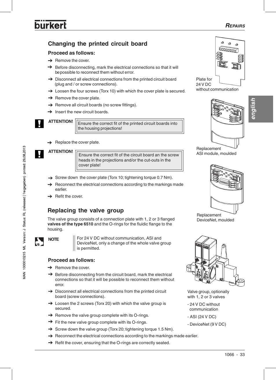 English changing the printed circuit board, Replacing the valve group | Burkert Type 1066 User Manual | Page 35 / 112