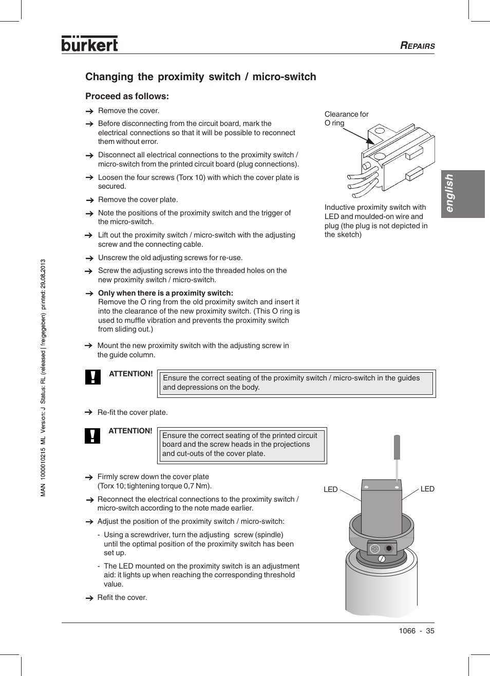 English, Changing the proximity switch / micro-switch | Burkert Type 1066 User Manual | Page 37 / 112