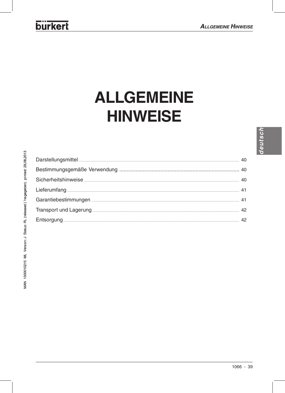 Allgemeine hinweise | Burkert Type 1066 User Manual | Page 41 / 112