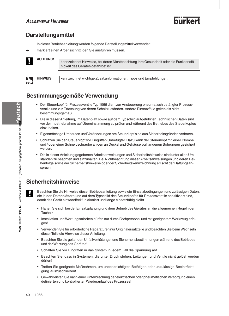 Darstellungsmittel, Sicherheitshinweise, Bestimmungsgemäße verwendung | Deutsch | Burkert Type 1066 User Manual | Page 42 / 112