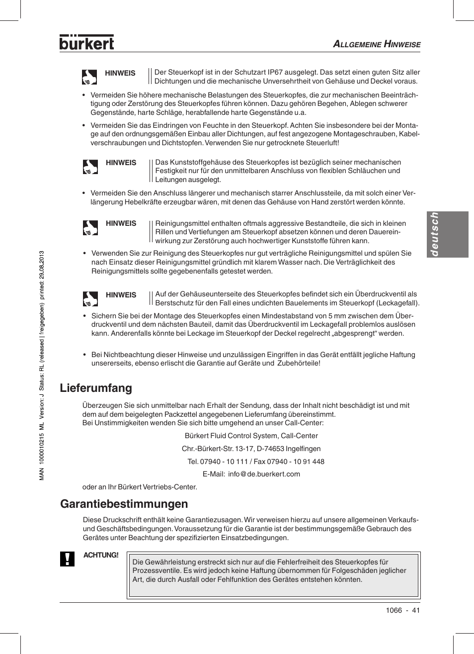 Garantiebestimmungen lieferumfang, Deutsch | Burkert Type 1066 User Manual | Page 43 / 112