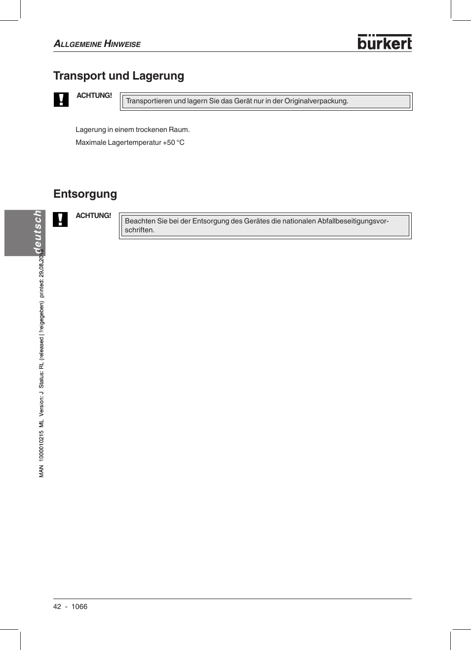 Transport und lagerung entsorgung | Burkert Type 1066 User Manual | Page 44 / 112