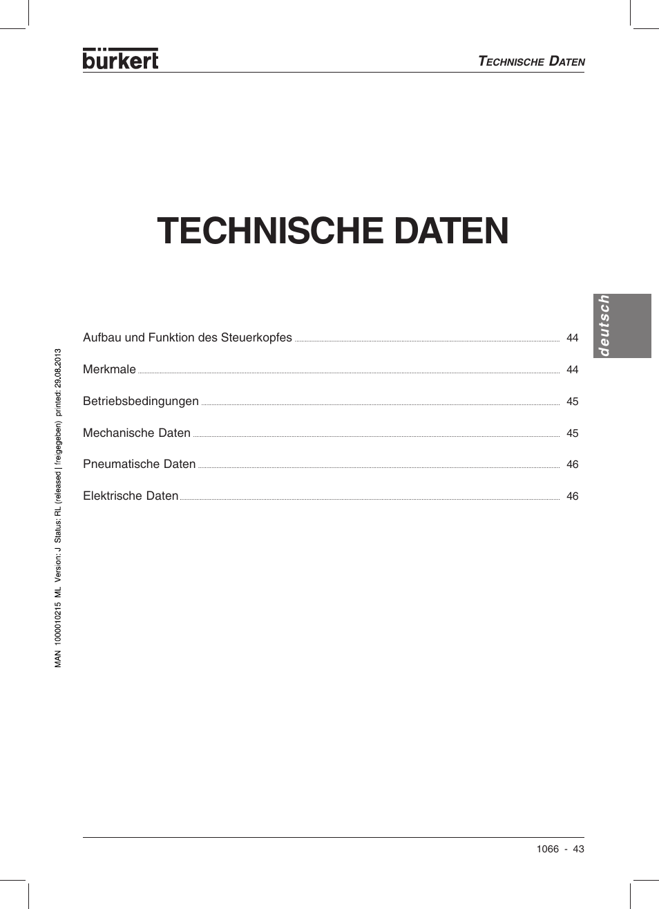 Technische daten, Deutsch | Burkert Type 1066 User Manual | Page 45 / 112