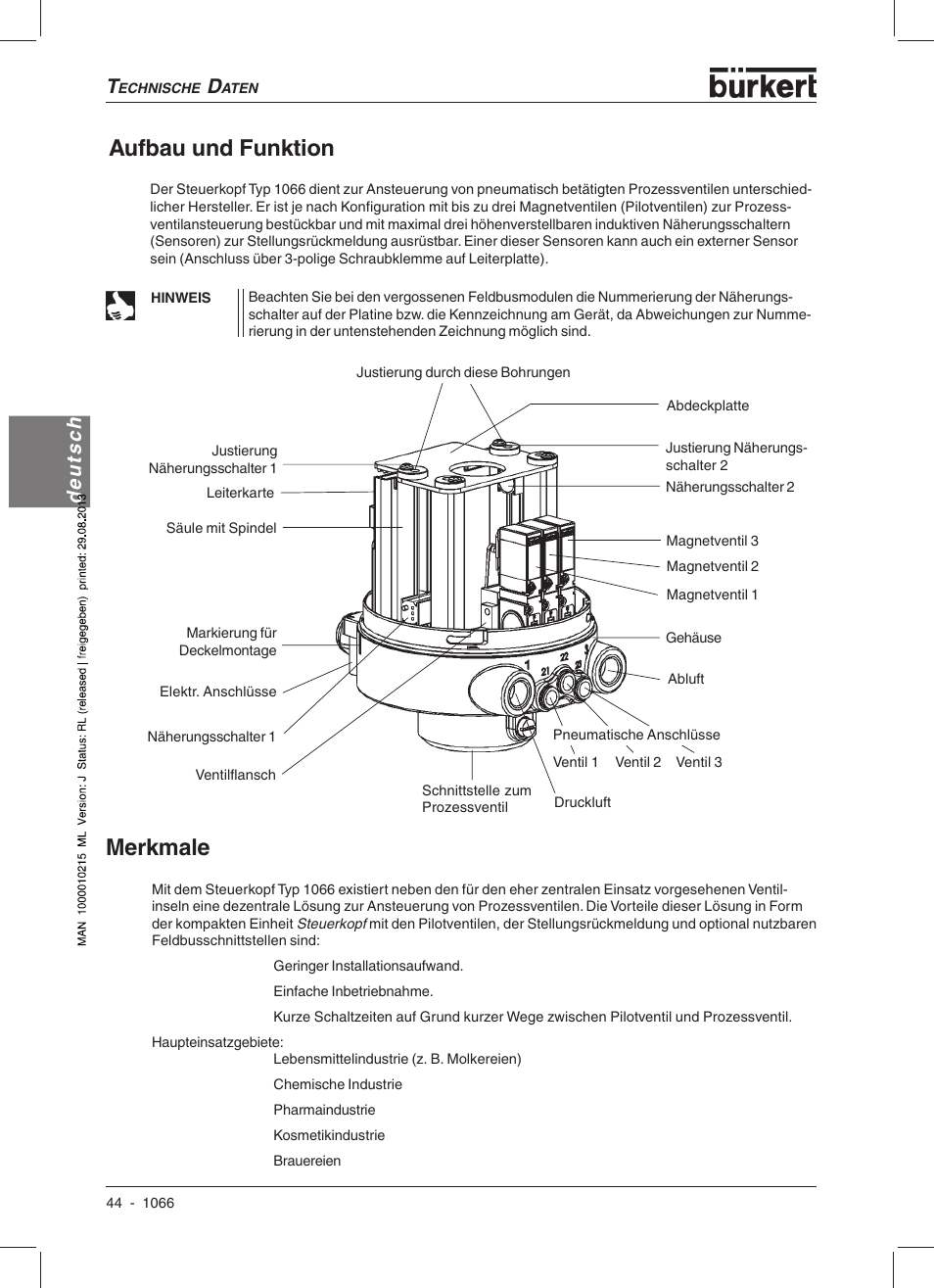 Aufbau und funktion, Merkmale, Deutsch | Burkert Type 1066 User Manual | Page 46 / 112