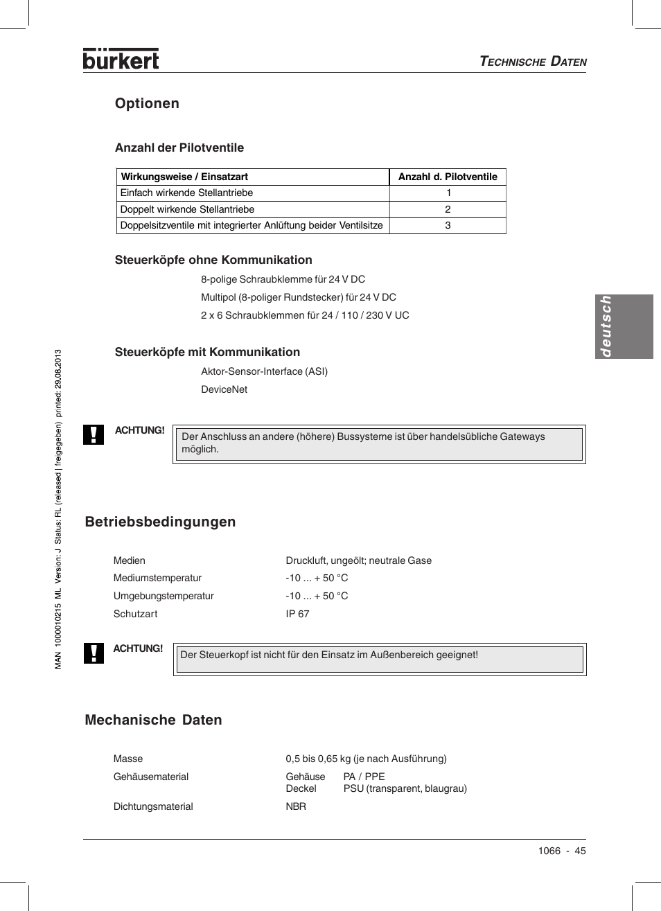 Deutsch optionen, Betriebsbedingungen, Mechanische daten | Burkert Type 1066 User Manual | Page 47 / 112