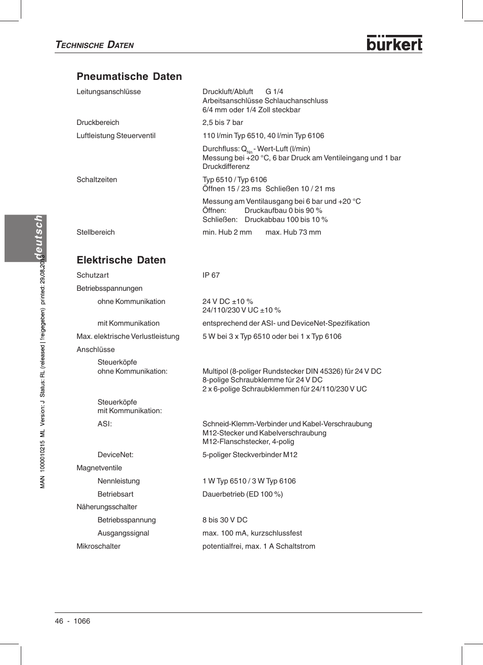 Deutsch pneumatische daten, Elektrische daten | Burkert Type 1066 User Manual | Page 48 / 112