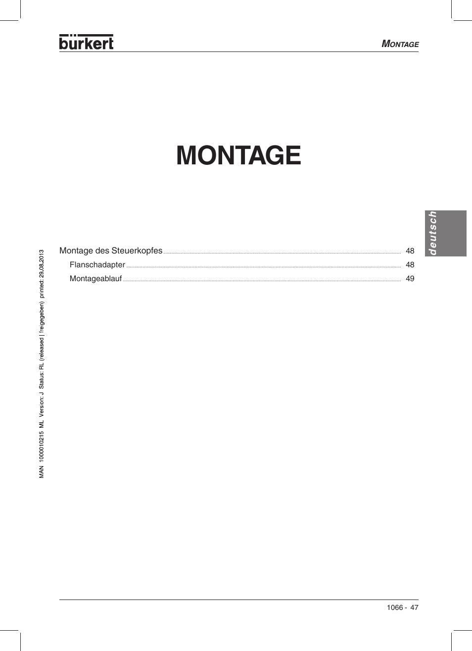 Montage | Burkert Type 1066 User Manual | Page 49 / 112