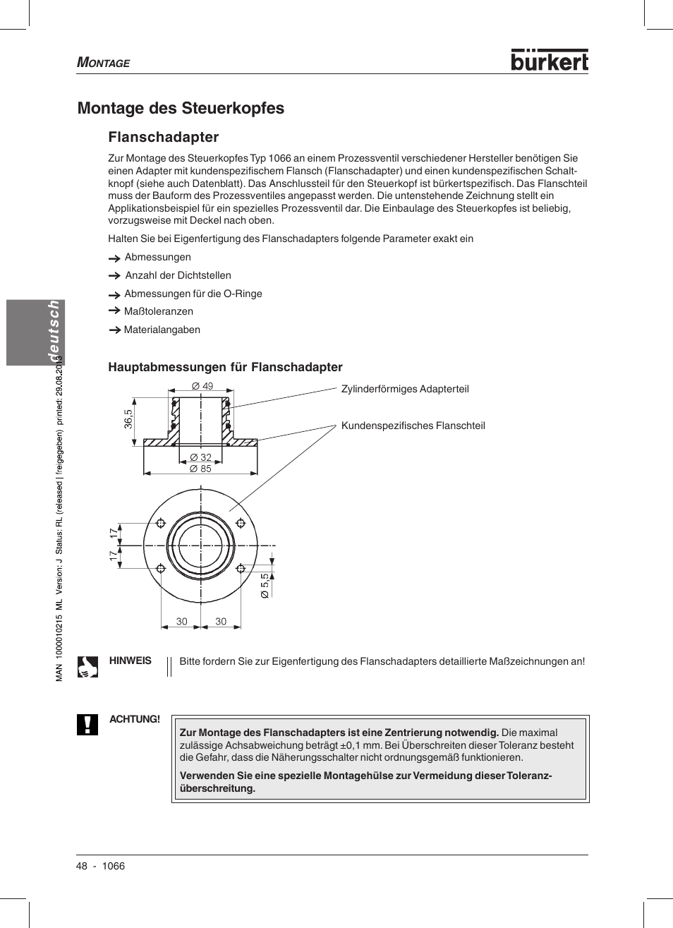 Montage des steuerkopfes, Deutsch, Flanschadapter | Burkert Type 1066 User Manual | Page 50 / 112