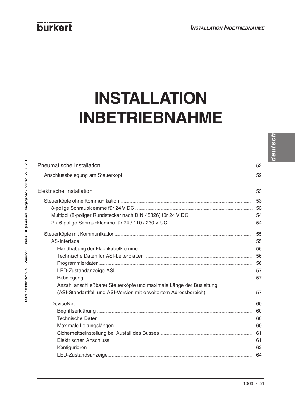 Installation inbetriebnahme, Deutsch | Burkert Type 1066 User Manual | Page 53 / 112