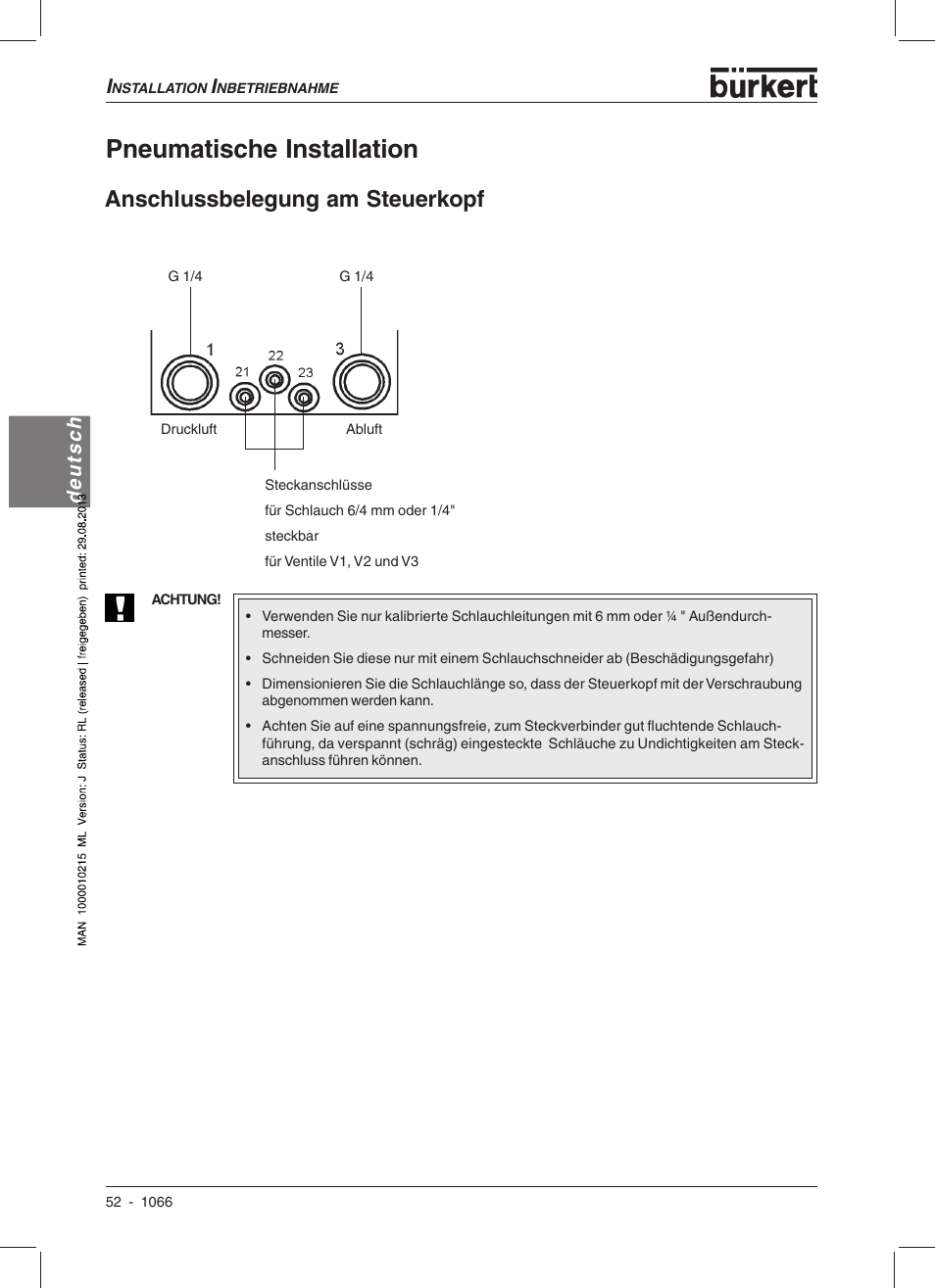 Pneumatische installation, Anschlussbelegung am steuerkopf, Deutsch | Burkert Type 1066 User Manual | Page 54 / 112