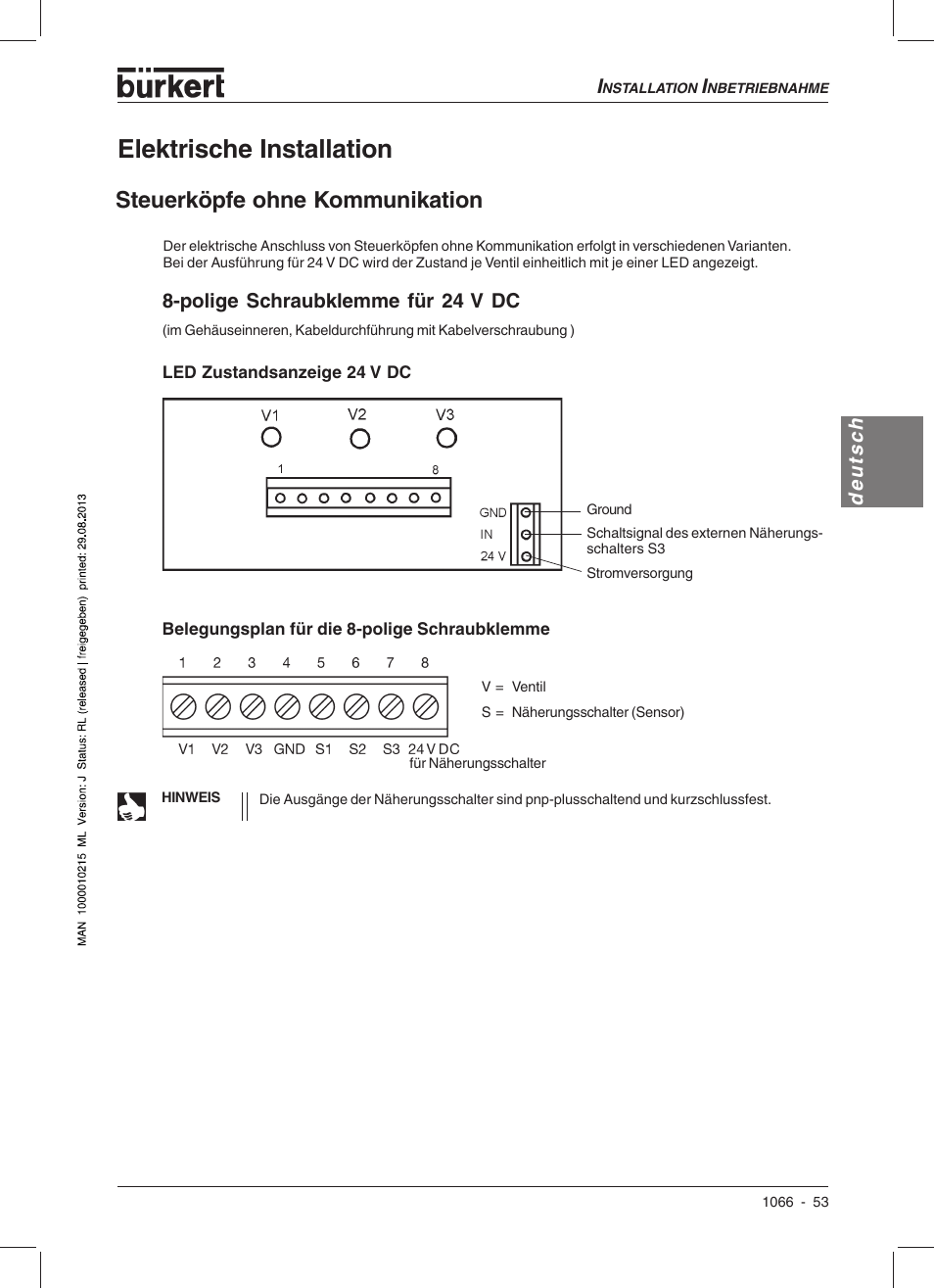 Elektrische installation, Steuerköpfe ohne kommunikation, Deutsch | Polige schraubklemme für 24 v dc | Burkert Type 1066 User Manual | Page 55 / 112