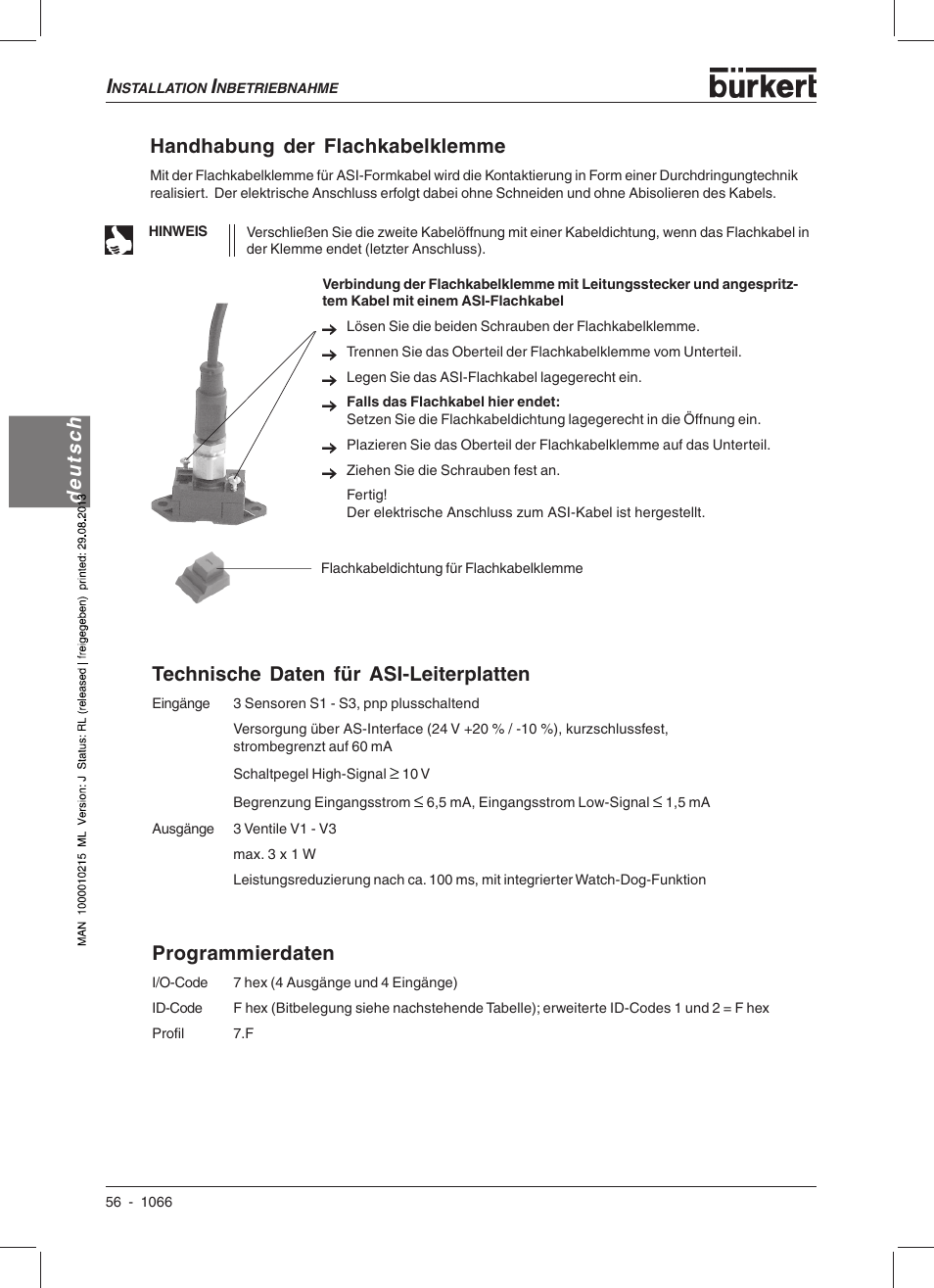 Deutsch handhabung der flachkabelklemme, Technische daten für asi-leiterplatten, Programmierdaten | Burkert Type 1066 User Manual | Page 58 / 112