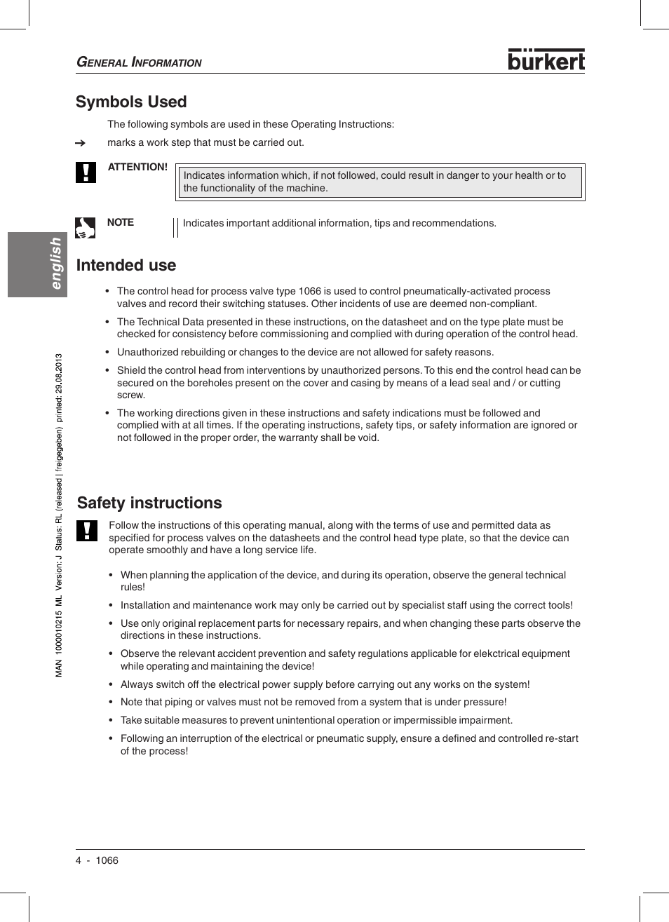 Symbols used, Safety instructions, Intended use | English | Burkert Type 1066 User Manual | Page 6 / 112