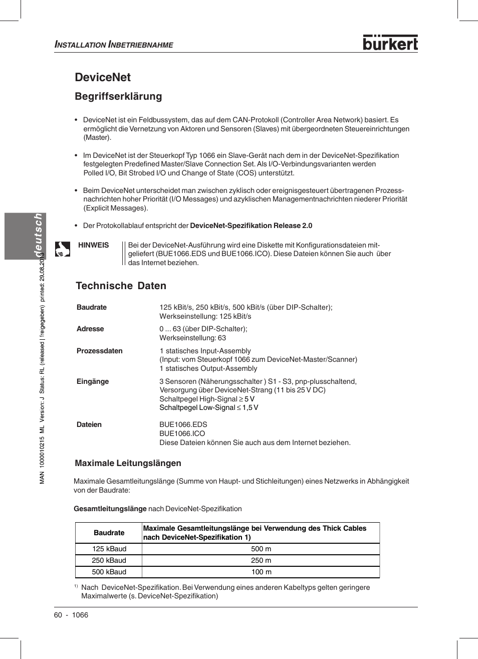 Devicenet, Deutsch, Begriffserklärung | Technische daten | Burkert Type 1066 User Manual | Page 62 / 112